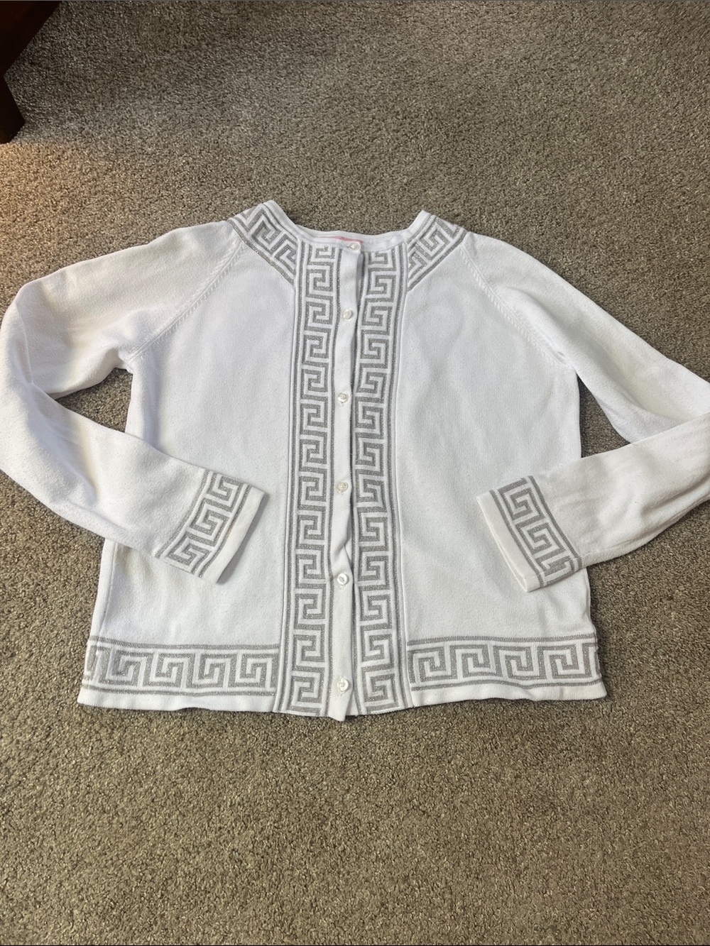 ⚜️⚓️⛵️Lilly Pulitzer Greek Key White Silver Cardigan Sweater Child sz14